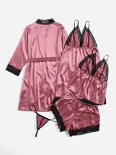 6pack Lace Trim Satin Lingerie Set With Robe